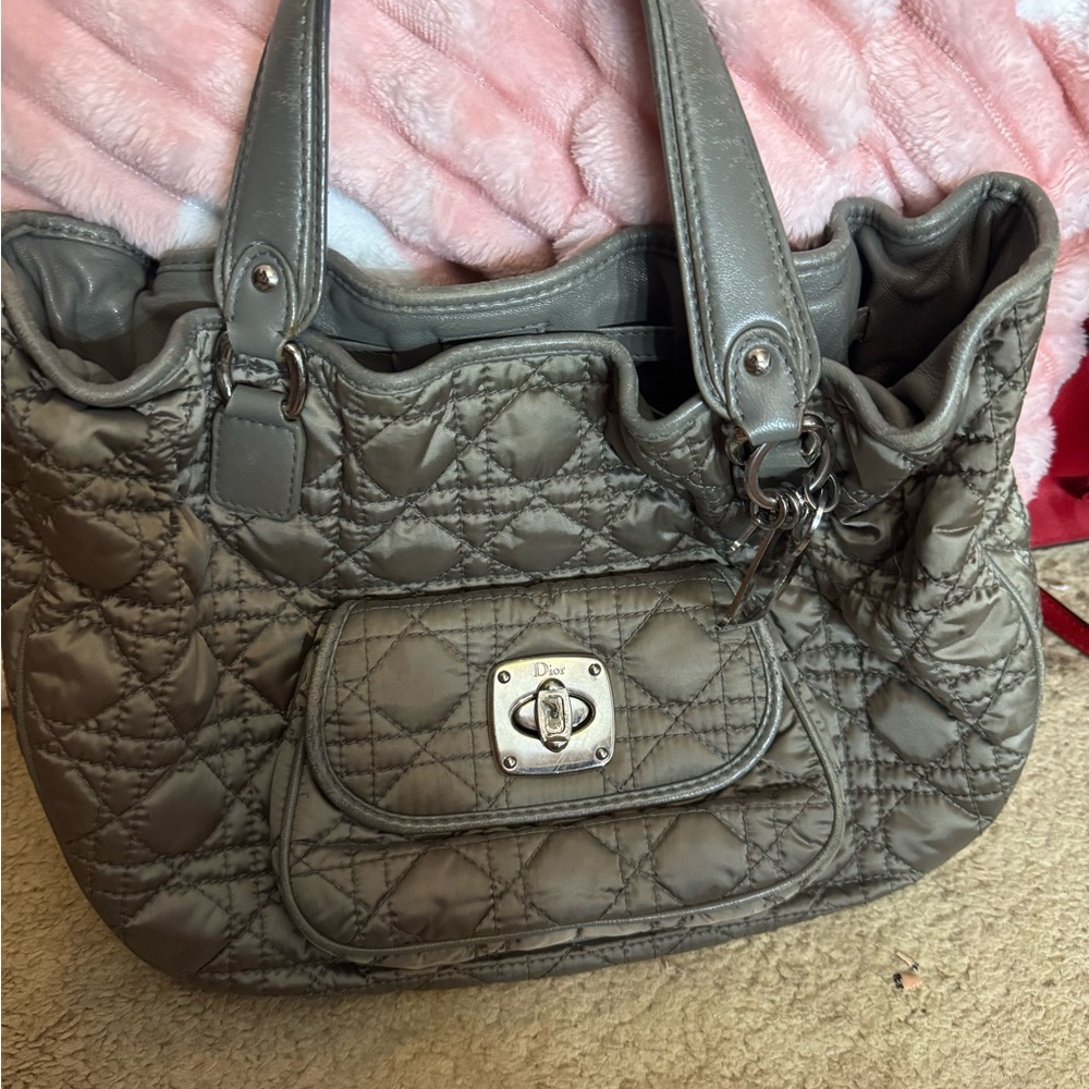 Lady Dior Silver Nylon Cannage Shopper Top Handle Tote Bag